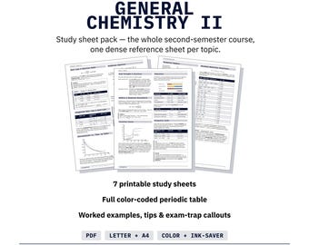 General Chemistry 2 Study Cheat Sheets | Printable Exam Notes + Periodic Table | PDF Instant Download