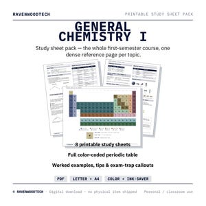 General Chemistry 1 Study Cheat Sheets | Printable Exam Notes + Periodic Table | PDF Instant Download