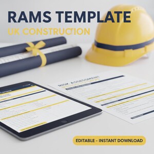 Puede incluir: Un casco de seguridad amarillo, un documento azul oscuro enrollado con una cinta amarilla, una tableta con un formulario digital y un documento impreso titulado Risk Assessment Method Statement. El texto RAMS TEMPLATE UK CONSTRUCTION es visible.