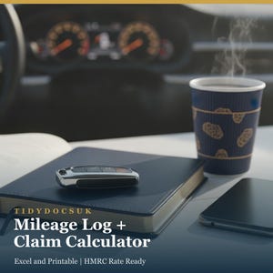 May include: A dark blue notebook with a car key fob resting on top, next to a steaming blue paper cup and a smartphone. The text reads TIDYDOCSUK Mileage Log + Claim Calculator, Excel and Printable | HMRC Rate Ready, set in a car interior.