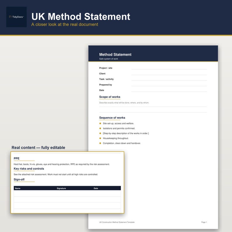 Może przedstawiać: Cyfrowy szablon dokumentu zatytułowany UK Method Statement z sekcjami dotyczącymi szczeg&oacute;ł&oacute;w projektu, zakresu prac i kolejności działań. Zawiera oddzielne pole z edytowalnymi polami dla ŚOI, kluczowych ryzyk i kontroli oraz tabelę do podpisu.
