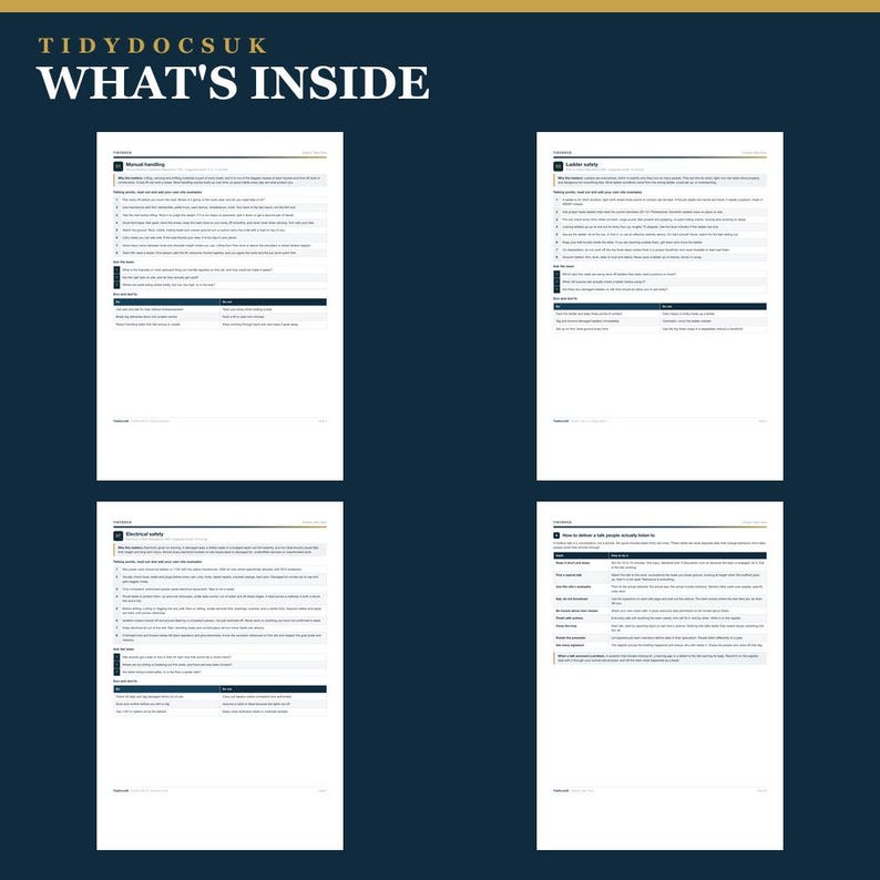 Peut inclure: Un document num&eacute;rique intitul&eacute; TIDYDOCSUK WHAT'S INSIDE pr&eacute;sentant quatre pages blanches avec des en-t&ecirc;tes bleu fonc&eacute;. Les pages contiennent des consignes de s&eacute;curit&eacute; pour la manutention, les &eacute;chelles, l'&eacute;lectricit&eacute; et la s&eacute;curit&eacute; des personnes.