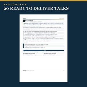 Peut inclure: Un document blanc intitul&eacute; TIDYDOCSUK 20 READY TO DELIVER TALKS pr&eacute;sentant un guide de s&eacute;curit&eacute; sur le travail en hauteur. La page comprend des points de discussion num&eacute;rot&eacute;s, des questions d'&eacute;quipe et un tableau comparant les bonnes pratiques.