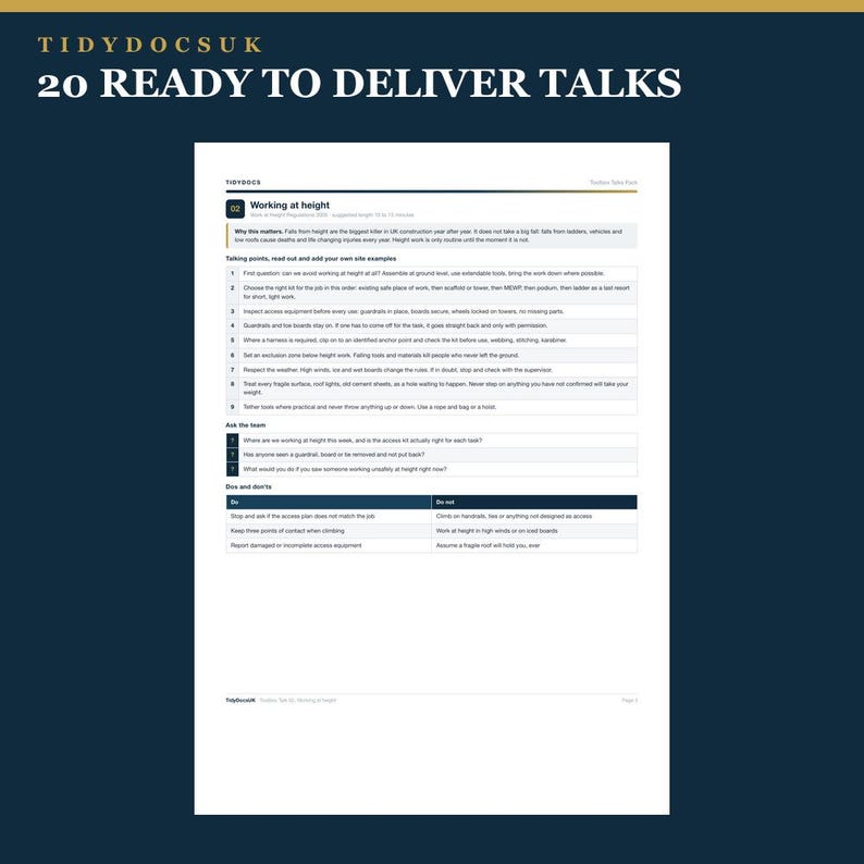 Peut inclure: Un document blanc intitul&eacute; TIDYDOCSUK 20 READY TO DELIVER TALKS pr&eacute;sentant un guide de s&eacute;curit&eacute; sur le travail en hauteur. La page comprend des points de discussion num&eacute;rot&eacute;s, des questions d'&eacute;quipe et un tableau comparant les bonnes pratiques.