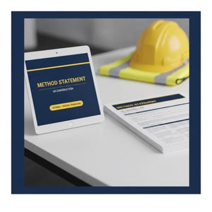 May include: A tablet displaying a dark blue screen with yellow text reading METHOD STATEMENT UK CONSTRUCTION and EDITABLE - INSTANT DOWNLOAD, alongside a stack of printed documents and a yellow hard hat with a reflective safety vest.