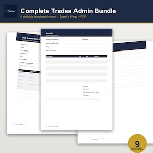 Pakiet Trades Admin Bundle UK, 9 edytowalnych szablonów, wycena faktury, instrukcja metody RAMS, arkusz zadań, snagging i umowa, pobieranie cyfrowe
