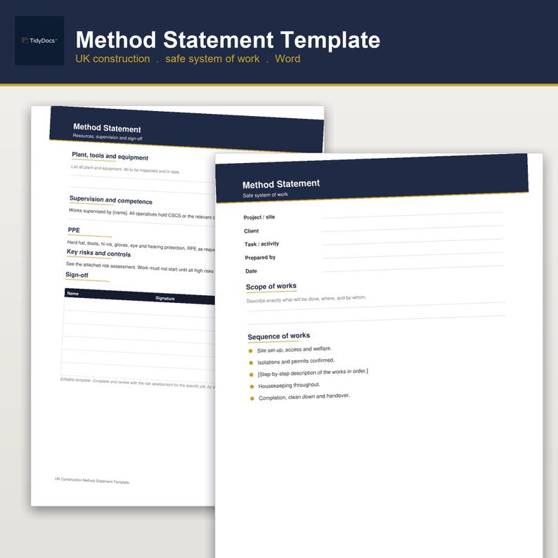 Może przedstawiać: Cyfrowy szablon oświadczenia o metodzie dla projekt&oacute;w budowlanych w Wielkiej Brytanii w formacie Word. Dokument posiada ciemnoniebieskie nagł&oacute;wki z białym tekstem, zawierające sekcje dotyczące sprzętu, nadzoru, środk&oacute;w ochrony indywidualnej i ryzyka.