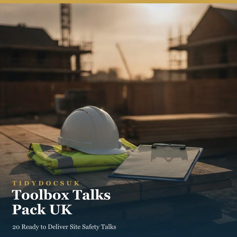 Peut inclure: Un casque de chantier blanc, un gilet haute visibilit&eacute; jaune fluo pli&eacute; et un presse-papier sur des planches en bois. Le texte indique : TIDYDOCSUK Toolbox Talks Pack UK 20 Ready to Deliver Site Safety Talks. Sc&egrave;ne sur un chantier au coucher du soleil.