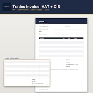 Szablon faktury handlowej w Wielkiej Brytanii w formacie Excel, automatyczne potrącenie podatku VAT i CIS, edytowalna faktura dla wykonawców budowlanych i osób prowadzących jednoosobową działalność gospodarczą, do druku