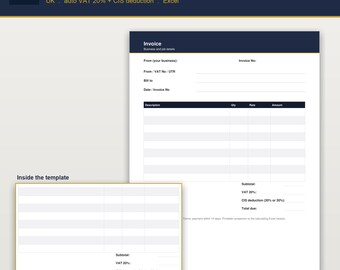 Modelo de fatura para prestadores de serviços no Reino Unido em Excel, com dedução automática de IVA e CIS, fatura editável para construtores e profissionais autônomos, pronta para impressão.