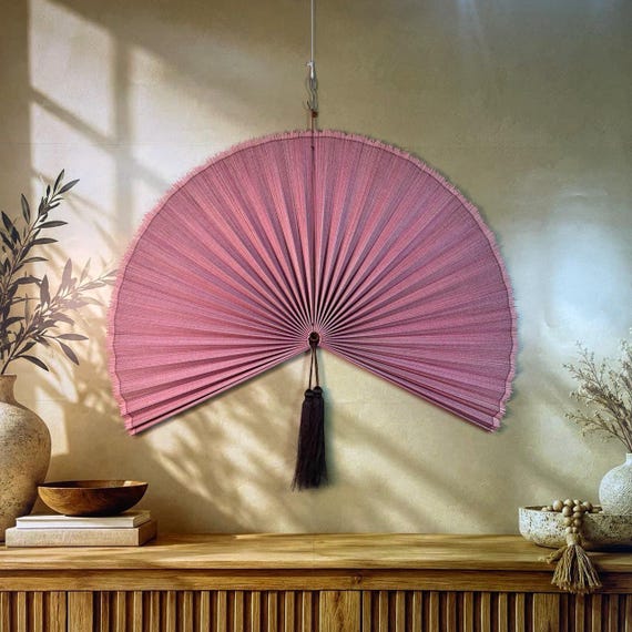 Large Dusty Rose Bamboo Wall Fan, Boho Folding Wall Decor with Tassel, Oversized Statement Wall Art for Bedroom Above Bed