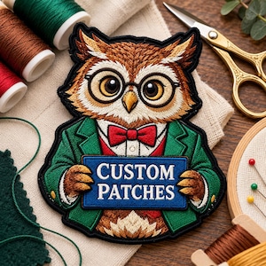 Puede incluir: Un parche bordado que muestra un búho marrón con gafas negras redondas, una chaqueta verde y una pajarita roja. El búho sostiene un cartel rectangular azul con el texto blanco CUSTOM PATCHES. El parche tiene un borde negro y costuras.