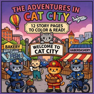 Puede incluir: Una portada de libro para colorear titulada The Adventures in Cat City con 12 páginas de historia para colorear y leer. La ilustración muestra una escena urbana con gatos vestidos de policías en bicicleta, un bombero con pan y un gato tendero.