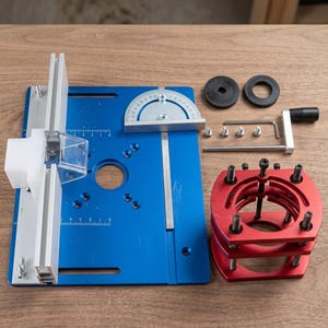 May include: A blue router table insert plate with a silver miter gauge, a white plastic fence assembly, a red circular mounting bracket, two black washers, four small screws, an L-shaped hex key, and a silver crank handle with a black knob.