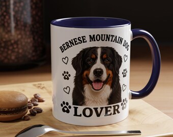 Bernese Mountain Dog Portrait Mug Accent Coffee Mug | 11oz or 15oz, Paw Prints Hearts