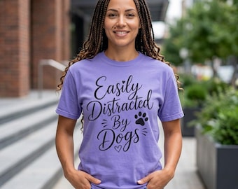 Easily Distracted By Dogs T-shirt | Paw Print Script Design