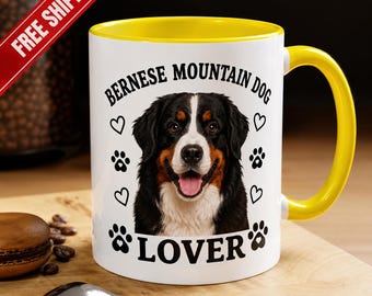 Bernese Mountain Dog Portrait Mug Accent Coffee Mug | 11oz or 15oz, Paw Prints Hearts