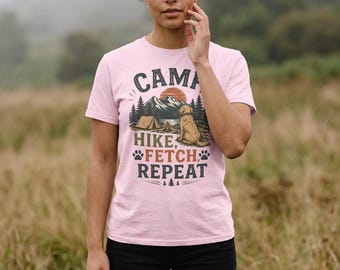 Camp Hike Fetch Repeat Dog Lover T-Shirt, Outdoor Adventure Tee