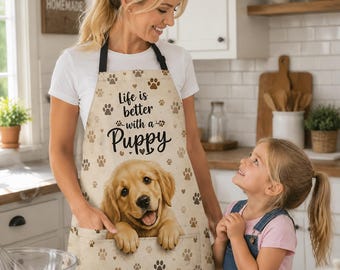 Golden Retriever Puppy Apron | Kitchen Baking Cooking Wear, Paw Print Design