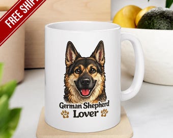 German Shepherd Portrait Mug | Dog Paw Illustration, Pet Lover Ceramic Mug