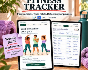Registro de actividad física en PDF, registro de entrenamiento sin fecha y planificador semanal para Goodnotes o impresión.