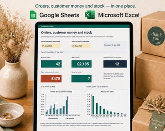 Herramienta de seguimiento para pequeñas empresas compatible con Excel y Google Sheets: inventario, pedidos y facturas.
