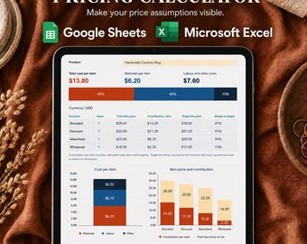 Calculadora de precios de productos, costes por lote y márgenes para Excel y Google Sheets.