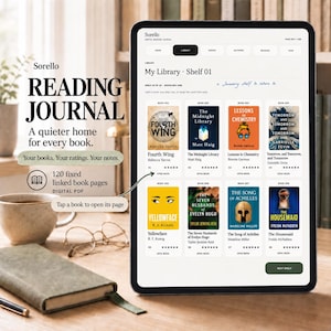 以下が含まれることがあります： Sorello読書ジャーナルのインターフェースを表示したデジタルタブレット。画面には本棚のビュー、本の表紙、タイトル、星評価が表示されています。テキストには「Sorello READING JOURNAL」、「My Library」、「Tap a book to open its page」などが含まれています。