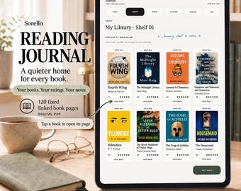 Diario de lectura digital para Goodnotes, biblioteca vinculada de 120 libros en formato PDF.