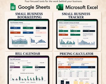 Paquete de hojas de cálculo para pequeñas empresas para Excel y Google Sheets: contabilidad, inventario, facturas y precios.