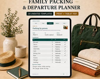 Planificador de equipaje y salida familiar en PDF / Listas de equipaje para viajes y listas de verificación para el hogar / A4, Carta estadounidense y Tablet