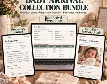 Paquete de planificación para bebés: organizador en Excel y Google Sheets, diario de embarazo y libro de recuerdos del primer año en formato PDF.