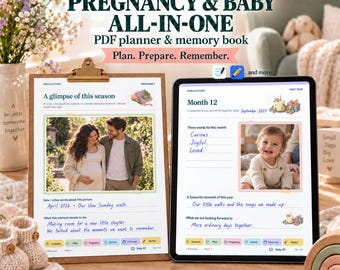 Diario de embarazo y libro de recuerdos del bebé en formato PDF, planificador con hipervínculos para iPad e impresión en formato A4.