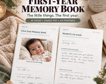 Libro de recuerdos digital para bebés en PDF: 48 páginas con hipervínculos del primer año para imprimir en Goodnotes y en formato A4.
