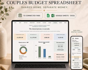 Hoja de cálculo para presupuesto de parejas / Seguimiento de gastos y facturas compartidas / Planificador de finanzas familiares / Google Sheets y Excel