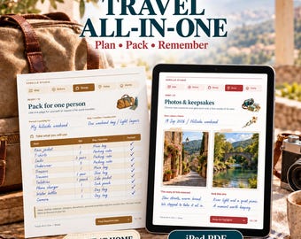 Planificador de viajes en PDF con hipervínculos para iPad e impresión, listas de equipaje y diario de viaje.