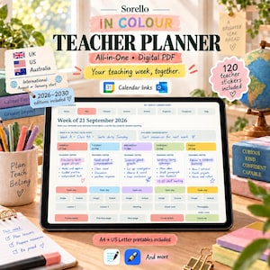 May include: A digital teacher planner displayed on a tablet screen, featuring a weekly schedule for September 2026. The interface includes color-coded columns for Monday through Friday, calendar links, and text fields for lesson planning and notes.