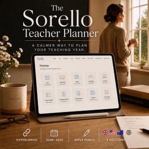 Puede incluir: Una tableta digital que muestra la interfaz del planificador para docentes The Sorello con iconos de navegación para año, semestre, semana, reuniones, clases, tareas futuras, plan de sustitución, notas rápidas, mes e índice.