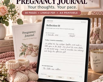 Diario digital del embarazo en PDF: 56 páginas con hipervínculos para imprimir en Goodnotes y en formato A4.