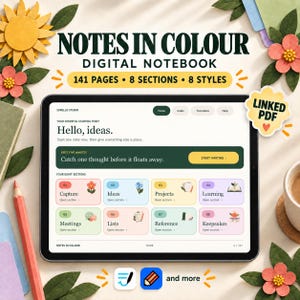 May include: A digital notebook displayed on a tablet screen titled Notes in Colour, featuring 141 pages, 8 sections, and 8 styles. The interface includes a home dashboard with sections for capture, ideas, projects, learning, meetings, lists, reference, and keepsakes.