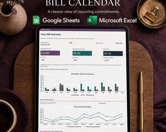 Hoja de cálculo para el calendario de facturas, seguimiento de facturas recurrentes y pagos para Excel y Google Sheets.