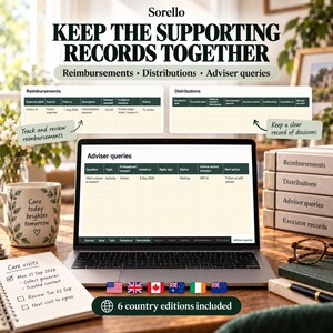 May include: A digital dashboard titled Sorello Keep the Supporting Records Together displays tables for reimbursements, distributions, and adviser queries. The screen shows columns for expense labels, recipient details, and action items, with six country flag icons.