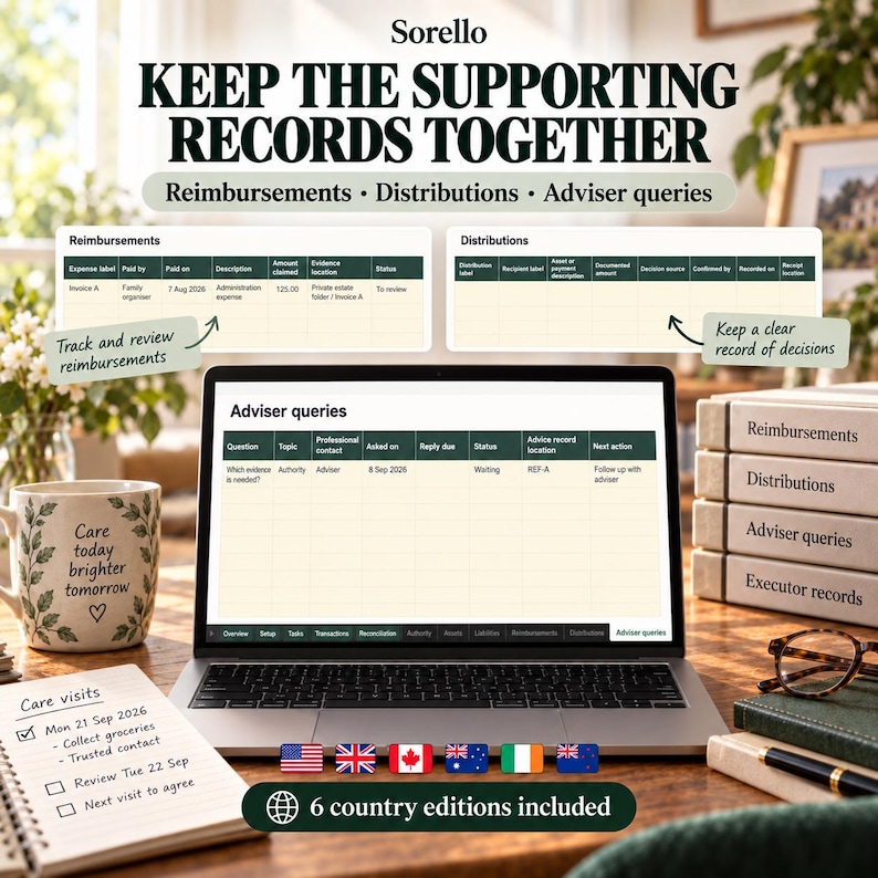 May include: A digital dashboard titled Sorello Keep the Supporting Records Together displays tables for reimbursements, distributions, and adviser queries. The screen shows columns for expense labels, recipient details, and action items, with six country flag icons.