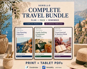 Paquete completo de viaje en PDF / Planificador de viaje, listas de equipaje familiar y diario de viaje / Imprimible en A4, Carta y Tableta