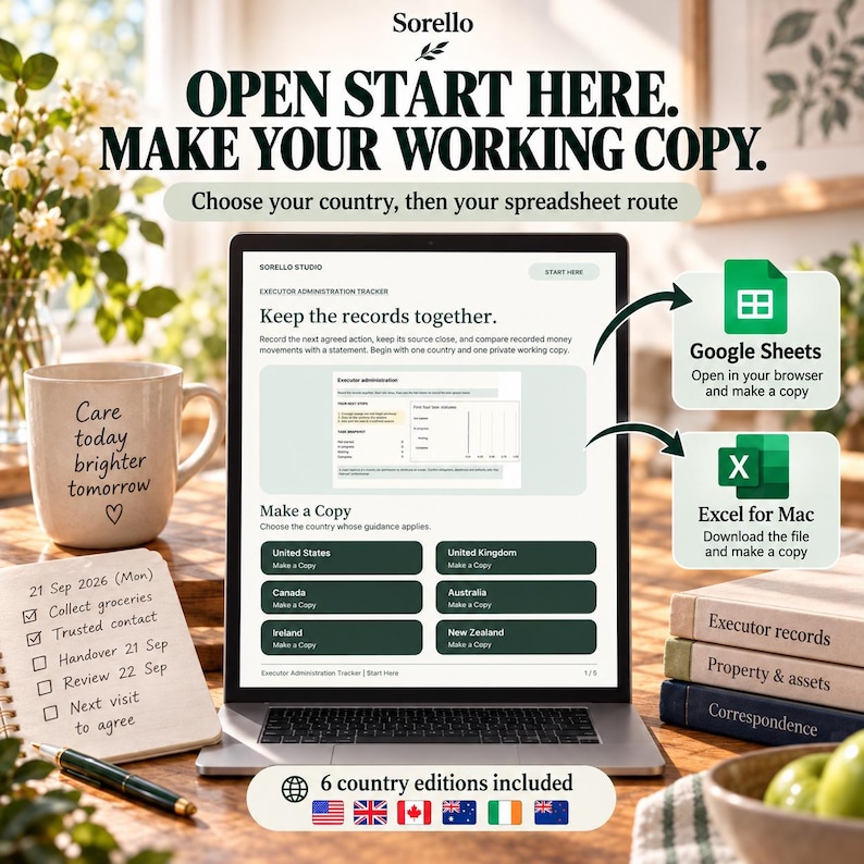 May include: A laptop screen displays the Sorello Studio executor administration tracker with options to make a copy for the United States, Canada, Ireland, United Kingdom, Australia, or New Zealand, featuring Google Sheets and Excel for Mac icons.