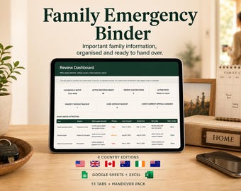 Family Emergency Binder for Google Sheets & Excel | Household Handover Planner