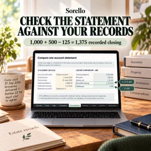 May include: A laptop screen displays a financial reconciliation interface titled Compare one account statement with columns for statement details and ledger comparison. The text reads CHECK THE STATEMENT AGAINST YOUR RECORDS and 1,000 + 500 - 125 = 1,375 recorded closing.
