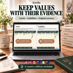 May include: A laptop screen displays a digital spreadsheet titled Assets and Liabilities with the text KEEP VALUES WITH THEIR EVIDENCE. The screen shows columns for asset labels, categories, and evidence locations. Six national flags are visible below.