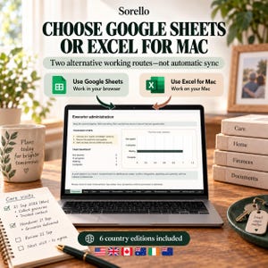 May include: A laptop screen displays an executor administration spreadsheet with task snapshots and status charts. Text reads CHOOSE GOOGLE SHEETS OR EXCEL FOR MAC, with icons for both. A notebook, a mug with text, and stacked books are visible nearby.