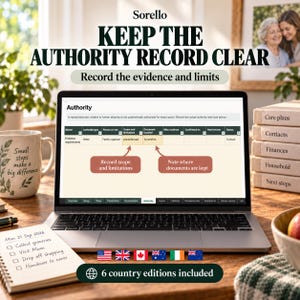 May include: A laptop displaying a digital authority record tracker with the text KEEP THE AUTHORITY RECORD CLEAR. The screen shows a table for recording evidence, scope, and limitations. A notepad with a to-do list and a mug are on the desk.